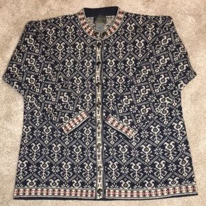 SQUAW VALLEY 100% Wool Button Front Cardigan Sweater, Blue/Cream, Medium